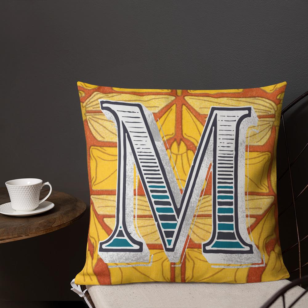 Letter M, vintage monogram graphic cushion