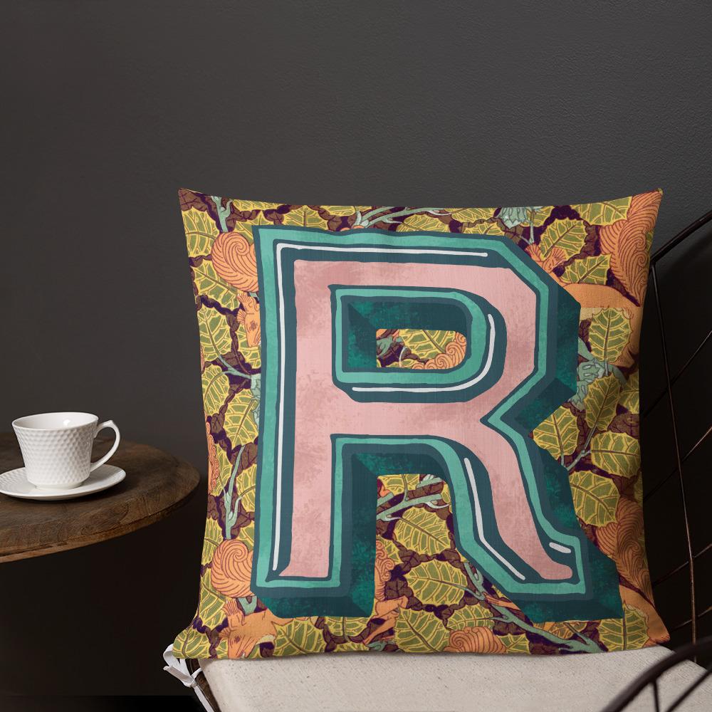 Letter R, vintage monogram graphic cushion