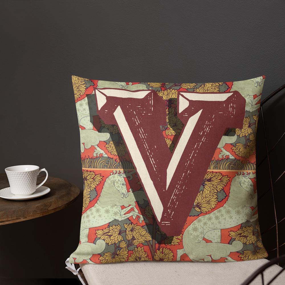 Letter V, vintage monogram graphic cushion