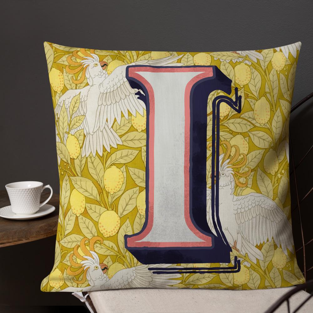 Letter I, vintage monogram graphic cushion