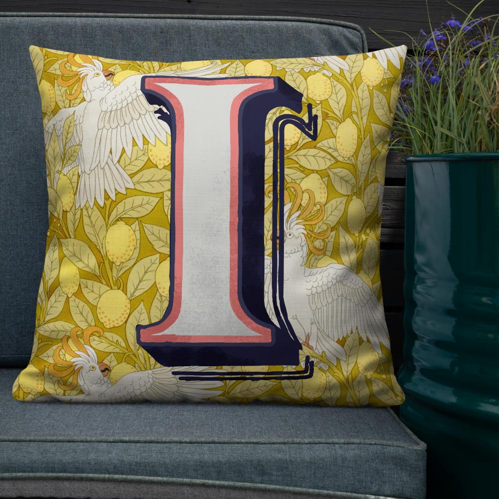 Letter I, vintage monogram graphic cushion