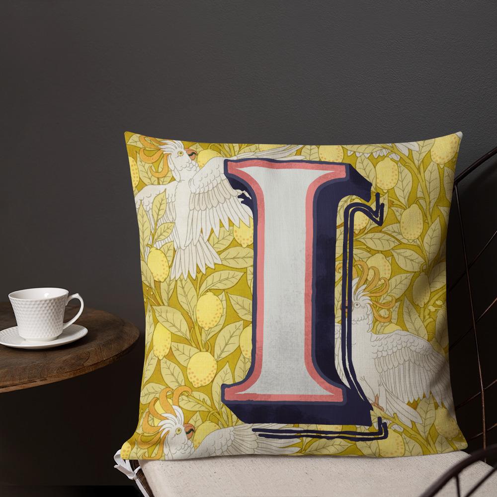 Letter I, vintage monogram graphic cushion