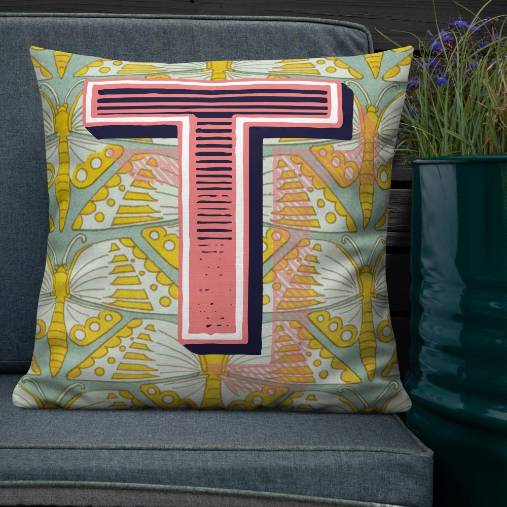 Letter T, vintage monogram graphic cushion