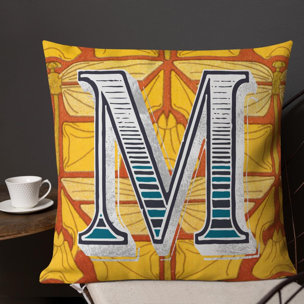 Letter M, vintage monogram graphic cushion