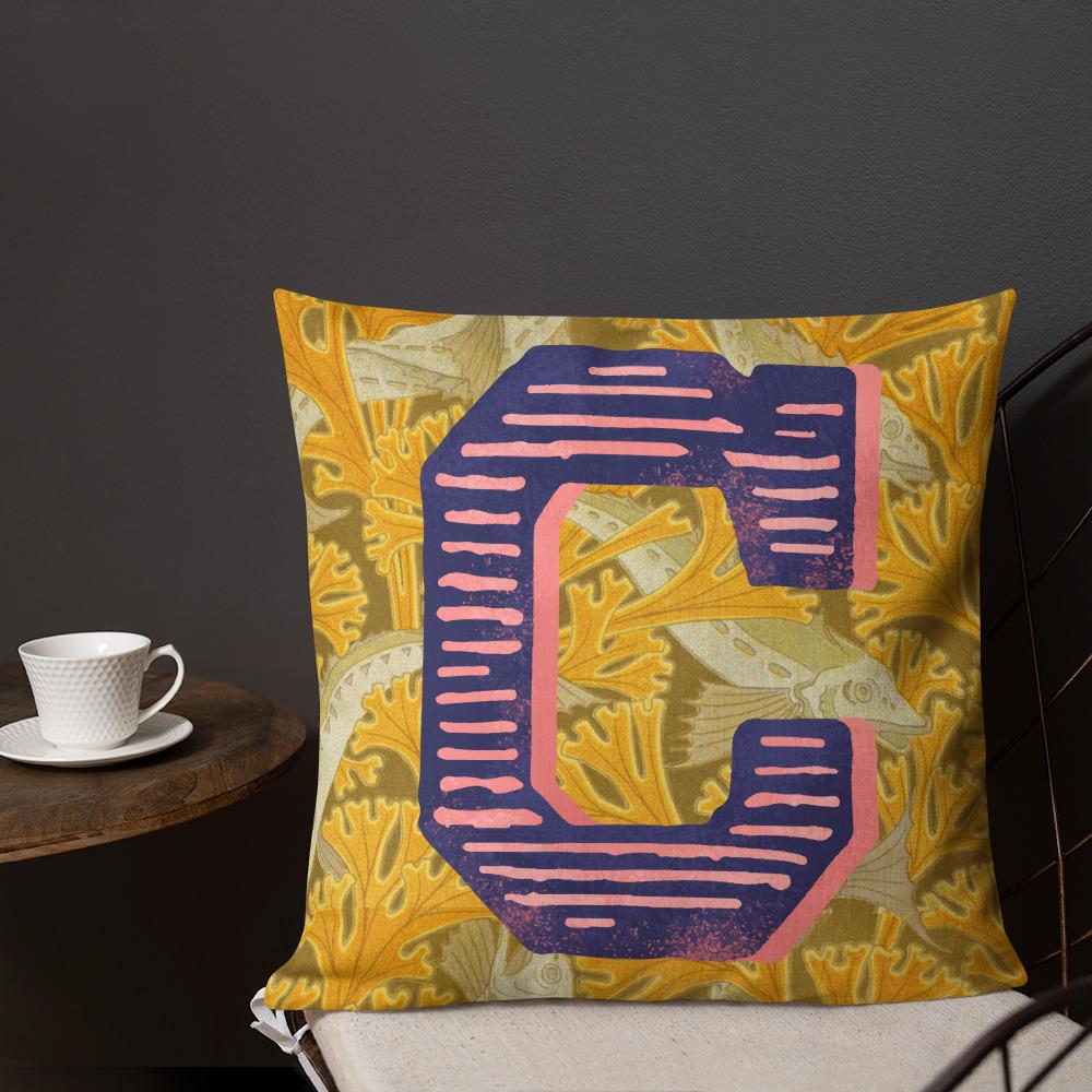 Letter C, vintage monogram graphic cushion