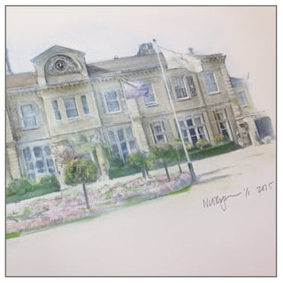 Hand painted venue portrait, with three elements